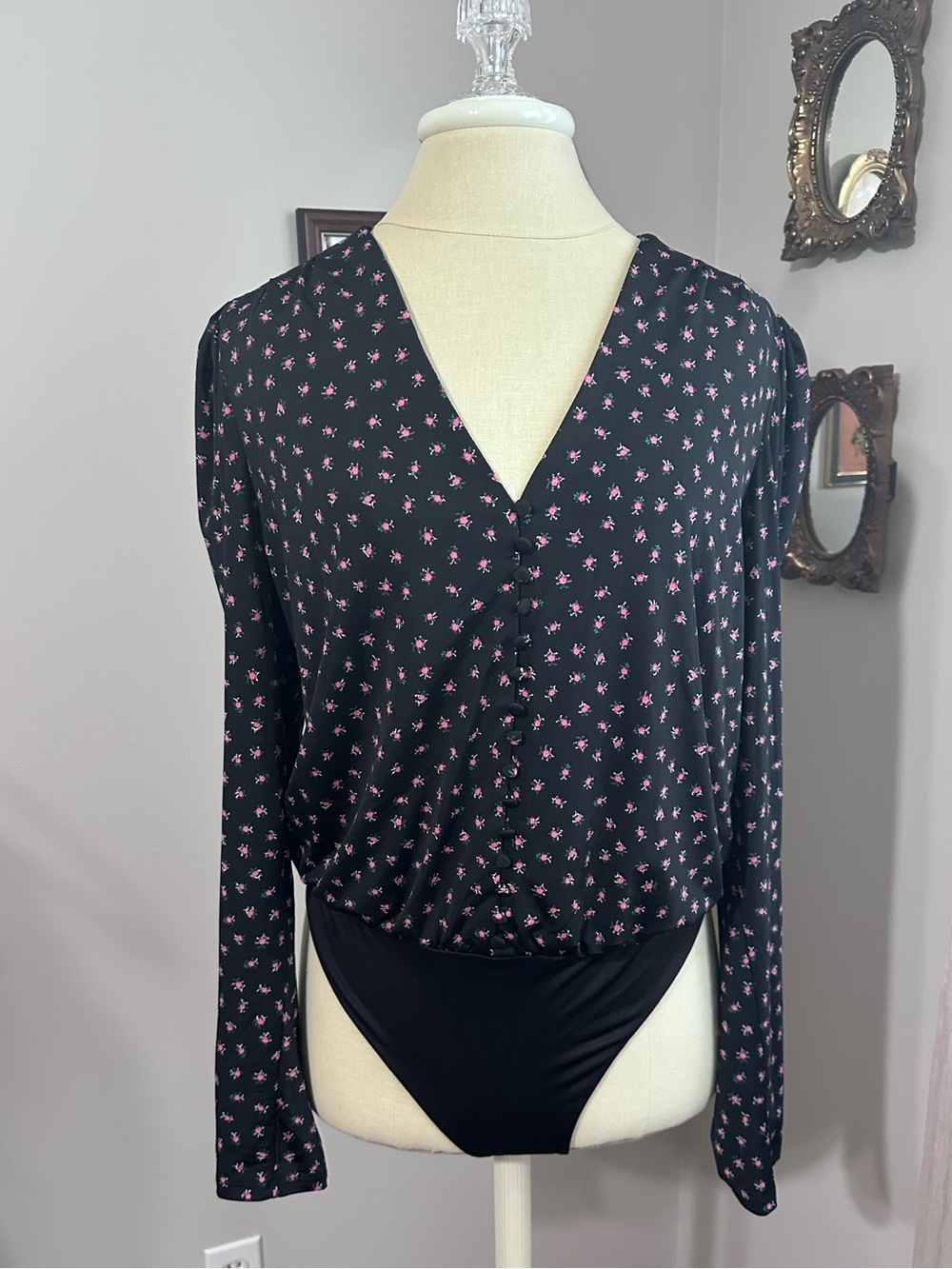 AFRM Black Long-Sleeve V-Neck Bodysuit with Pink Floral Print